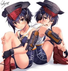 Rule 34 | 10s, 2girls, :o, ankle boots, armlet, artist name, ass, asymmetrical hair, back-to-back, bare shoulders, black gloves, blue hair, blue one-piece swimsuit, blush, boots, breasts, brown eyes, brown neckerchief, cannon, character name, closed mouth, clothes writing, collarbone, crop top, crossed ankles, fingernails, framed breasts, from side, full body, gloves, hair between eyes, hat, head tilt, headset, i-13 (kancolle), i-14 (kancolle), kantai collection, knee boots, knee up, knees up, legs together, looking at viewer, looking to the side, machinery, multiple girls, neckerchief, no socks, one-piece swimsuit, open mouth, partially fingerless gloves, red footwear, sailor collar, sakiyamama, school swimsuit, short hair, short hair with long locks, siblings, side ponytail, signature, simple background, single glove, sisters, sitting, sleeveless, small breasts, smile, swimsuit, thigh strap, thighs, toeless footwear, toes, turret, white background