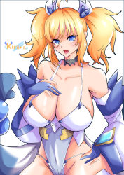 Rule 34 | 1girl, absurdres, artist request, bare shoulders, blonde hair, blue eyes, breasts, character name, cleavage, curvy, fang, fingerless gloves, gloves, highleg, highleg leotard, highres, large breasts, leotard, long hair, onizaki kirara, shiny skin, simple background, skin fang, solo, taimanin (series), taimanin rpgx, thong leotard, twintails