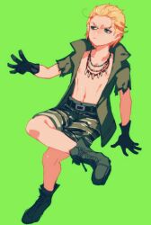 1boy bare_pectorals belt belt_buckle black_belt black_footwear black_gloves blonde_hair boots buckle camouflage camouflage_shorts closed_mouth collarbone collared_shirt cross-laced_footwear eli_(metal_gear) figure_four_sitting frown full_body gloves green_background green_eyes hair_slicked_back jewelry male_focus metal_gear_(series) metal_gear_solid_v:_the_phantom_pain multiple_necklaces navel necklace nipples norasame_(dagako) open_clothes open_shirt pectorals popped_collar shirt shorts simple_background solo torn_clothes torn_sleeves