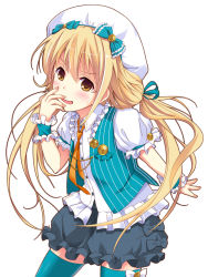 10s 1girl aqua_thighhighs bad_id bad_pixiv_id blonde_hair blouse blush brown_eyes buttons female_focus frills futaba_anzu hair_ribbon hand_on_own_face hat highres hirai_yuzuki idolmaster idolmaster_cinderella_girls looking_at_viewer low_twintails necktie open_mouth puffy_pants puffy_short_sleeves puffy_sleeves ribbon shirt short_sleeves smile solo sweatdrop teal_legwear thighhighs twintails vest white_hat white_shirt wristband