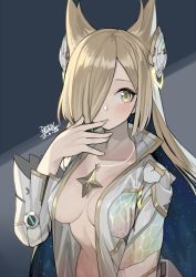 Rule 34 | 1girl, alma (pso2), animal ears, blonde hair, blue hair, blush, breasts, character request, cleavage, closed mouth, coat, collarbone, commentary request, dated, finger to mouth, grey jacket, hair over one eye, hand up, headgear, highres, honeycomb (pattern), jacket, jewelry, long hair, medium breasts, multicolored hair, naked coat, nao (syn eaa), necklace, no bra, open clothes, open jacket, pendant, phantasy star, phantasy star online 2, signature, solo, two-tone hair, upper body, very long hair, yellow eyes