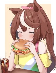 Rule 34 | absurdres, animal ears, blue eyes, blush, border, brown hair, burger, closed eyes, cola, commentary request, commission, eating, elbows on table, food, gokurin, happy, highres, horse ears, horse girl, lettuce, long hair, multicolored hair, pink shirt, ponytail, sesame seeds, shirt, single bare shoulder, skeb commission, solo, streaked hair, striped clothes, striped shirt, table, tokai teio (umamusume), umamusume, undershirt, upper body, very long hair, white border, white hair, yellow background, yellow shirt