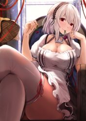 Rule 34 | 1girl, anchor, azur lane, basket, blush, breasts, choker, cleavage, collarbone, crossed legs, dress, elbow rest, frills, hair between eyes, hairband, head tilt, highres, indoors, kanzaki kureha, lace-trimmed hairband, lace trim, large breasts, looking at viewer, mouth hold, puffy sleeves, red eyes, ribbon, short hair, short sleeves, sidelocks, sirius (azur lane), sitting, solo, taut clothes, taut dress, thighhighs, white hair, white thighhighs