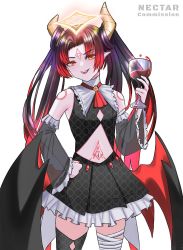 Rule 34 | 1girl, alcohol, artist name, asymmetrical legwear, belly, commission, cup, demon horns, drinking glass, ears, eyebrows, eyelashes, hand on own hip, highres, horns, idol corp, knee up, lily sin, pointy ears, see-through, see-through sleeves, simple background, skirt, thighs, virtual youtuber, white background, wine, wine glass, wings