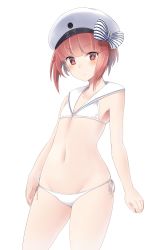 Rule 34 | 10s, 1girl, :&lt;, arms at sides, bad id, bad pixiv id, beret, bikini, blush, bow, brown eyes, brown hair, character name, closed mouth, clothes writing, cowboy shot, flat chest, hat, hat bow, highres, kantai collection, looking at viewer, navel, sailor bikini, sailor collar, short hair, side-tie bikini bottom, simple background, smiley face, solo, striped, striped bow, suruga (xsurugax), swimsuit, white background, white bikini, white hat, z3 max schultz (kancolle)