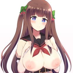 Rule 34 | .live, 1girl, bad id, bad nijie id, belt, blue eyes, blush, breasts, breasts out, brown hair, cherry, cherry hair ornament, exhibitionism, food, food-themed hair ornament, fruit, hair ornament, hair ribbon, hands on own chest, jewelry, kakyouin chieri, large areolae, large breasts, long hair, nipples, public indecency, ribbon, sailor collar, solo, symbol-shaped pupils, virtual youtuber, yuukagen (poipoipopoino)