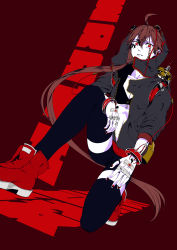 Rule 34 | 1girl, ahoge, alternate costume, ambiguous red liquid, backpack, bag, bandaid, bite mark, black bra, black shorts, black thighhighs, blood, body writing, boots, bra, bracelet, breasts, buttons, cleavage, clenched teeth, collarbone, colored skin, facial tattoo, from below, hair between eyes, hair tie, highres, hood, hooded jacket, injury, jacket, jewelry, jin chongtian, liquid, long hair, looking at viewer, nail polish, on one knee, pale skin, red background, red eyes, red footwear, red nails, shorts, solo, stitches, tattoo, teeth, text background, text focus, thighhighs, underwear, unzipped, vocaloid, vocanese, white skin, wrist cuffs, yuezheng ling