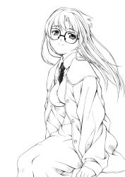 Rule 34 | 00s, 1girl, breasts, glasses, greyscale, long hair, looking at viewer, medium breasts, monochrome, necktie, read or die, simple background, sitting, smile, solo, white background, yomiko readman
