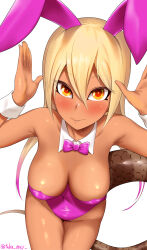 Rule 34 | 1girl, alternate costume, animal ears, bare shoulders, blonde hair, blush, bow, bowtie, breasts, closed mouth, cowboy shot, detached collar, fake animal ears, groin, hair between eyes, hands up, highres, kashisu mint, kemono friends, king cobra (kemono friends), leaning forward, leotard, long hair, looking at viewer, medium breasts, multicolored eyes, multicolored hair, orange eyes, outstretched hand, parted bangs, pink bow, pink bowtie, pink hair, pink leotard, playboy bunny, rabbit ears, red eyes, shiny skin, simple background, snake tail, solo, strapless, strapless leotard, tail, tan, two-tone hair, very long hair, white background, wrist cuffs