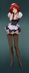Rule 34 | 1990s (style), 1girl, agent aika, aika (series), apron, black thighhighs, blue dress, blue eyes, blue footwear, breasts, closed mouth, crotch seam, dress, full body, garter straps, hands up, high heels, highres, legs, looking away, looking to the side, maid, maid apron, maid headdress, maypia alexymetalia, medium breasts, official art, one eye closed, panties, parted bangs, puffy short sleeves, puffy sleeves, red hair, retro artstyle, screencap, short dress, short sleeves, simple background, smile, socks, solo, standing, stitched, thighhighs, thighs, third-party edit, underwear, white apron, white panties, wrist cuffs, yamauchi noriyasu