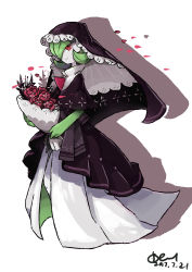 Rule 34 | absurdres, bouquet, closed mouth, clothed pokemon, colored skin, commentary request, creatures (company), dated, flower, game freak, gardevoir, gen 3 pokemon, green hair, highres, holding, holding bouquet, mowang yu, nintendo, petals, pokemon, pokemon (creature), red eyes, red flower, short hair, signature, smile, solo, standing, white skin