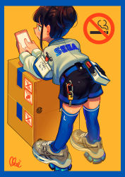 Rule 34 | 1girl, absurdres, belt, belt pouch, bent over, black shorts, blue belt, blue border, blue thighhighs, blunt bangs, border, box, brown hair, cardboard box, cellphone, from behind, full body, hair bun, highres, huge filesize, id tag, jacket, key, leaning forward, moai (more e 4km), name tag, no smoking, over-kneehighs, oversized clothes, phone, pouch, sega, shoes, short hair with long locks, shorts, signature, simple background, single hair bun, smartphone, sneakers, solo, thighhighs, translated, yellow background, zettai ryouiki