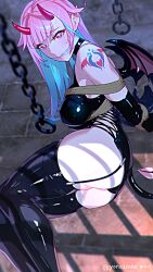 Rule 34 | 1girl, arms behind back, ass, bare shoulders, black gloves, black panties, black thighhighs, blue hair, blunt bangs, blush, bound, bound arms, bound wrists, breasts, chain, collar, commission, demon girl, demon horns, demon tail, demon wings, dress, elbow gloves, gagged, gloves, horns, latex, latex dress, latex gloves, latex thighhighs, long hair, looking at viewer, lying, multicolored hair, on side, original, panties, pink eyes, pink hair, pointy ears, restrained, skeb commission, solo, tail, tattoo, thighhighs, two-tone hair, underwear, wings, yonezawa mao