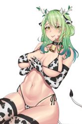 Rule 34 | 1girl, animal ears, animal print, antlers, bare shoulders, bikini, breasts, ceres fauna, collarbone, cow print, cow print bikini, cow print gloves, cow print thighhighs, cow tail, cowbell, cowboy shot, elbow gloves, fake animal ears, fake horns, fake tail, gloves, gradient hair, green hair, highres, holocouncil, hololive, hololive english, horns, large breasts, long hair, looking at viewer, mole, mole under eye, multicolored hair, print bikini, print gloves, print thighhighs, ranox, side-tie bikini bottom, simple background, smile, solo, swimsuit, tail, thighhighs, thighs, virtual youtuber, white background, yellow eyes