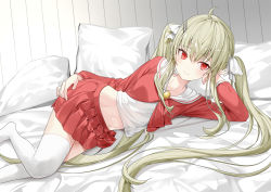 Rule 34 | 1girl, ahoge, closed mouth, collared shirt, commission, crop top, green hair, groin, hair ornament, hair ribbon, hairclip, long hair, long sleeves, looking at viewer, lying, midriff, miniskirt, navel, no shoes, on bed, on side, original, pillow, pixiv commission, pleated skirt, pointy ears, red eyes, red shirt, red skirt, ribbon, ronopu, shirt, sidelocks, skirt, smile, solo, stomach, thighhighs, very long hair, white shirt, white thighhighs, zettai ryouiki