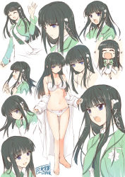 Rule 34 | 10s, 1girl, :d, :o, ^ ^, absurdres, bad id, bad pixiv id, barefoot, black hair, blue eyes, blush, bra, breasts, character sheet, clenched hands, closed eyes, collarbone, expressions, closed eyes, highres, leg up, long hair, mahouka koukou no rettousei, multiple views, necktie, open mouth, panties, school uniform, shiba miyuki, sketch, smile, sousouman, underwear, underwear only, undressing, waving, white background, white bra, white panties