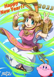 Rule 34 | 1boy, 1girl, 2023, arms up, blonde hair, blue eyes, breasts, dress, elf, full body, grin, happy new year, highres, jewelry, kirby, kirby (series), long hair, looking at viewer, medium breasts, necklace, new year, nintendo, pink dress, pointy ears, princess zelda, rabbit ears, sidelocks, smile, super smash bros., the legend of zelda, the legend of zelda: a link between worlds, tiara, v, you bird