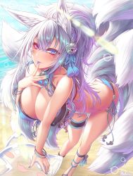 Rule 34 | 1girl, \||/, animal ear fluff, animal ears, bare shoulders, beach, bell, bikini, blue eyes, blue nails, blush, breasts, cleavage, collarbone, commentary request, covered erect nipples, crossed bangs, day, dutch angle, eyelashes, finger to mouth, fox ears, fox girl, fox tail, half-closed eyes, hand up, hanging breasts, highres, jingle bell, large breasts, lens flare, lips, long hair, looking at viewer, multiple tails, nail art, nail polish, ocean, original, outdoors, parted bangs, slit pupils, solo, standing, suzuneko (yume no kyoukai), swimsuit, tail, tassel, transparent, unaligned ears, very long hair, white hair