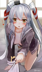 Rule 34 | 10s, 1girl, absurdres, amatsukaze (kancolle), blush, brown eyes, clothes grab, heart, highres, kantai collection, long hair, mono (sunegey), open clothes, silver hair, solo, two side up