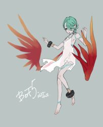 Rule 34 | 1girl, barefoot, breath of fire, breath of fire v, dress, full-body tattoo, full body, green hair, jewelry, nina (breath of fire v), red wings, see-through, short hair, simple background, solo, tattoo, white dress, wings, yutsuki
