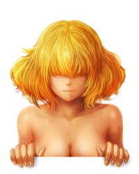 Rule 34 | 1girl, bad id, bad pixiv id, blonde hair, hair over eyes, misawa kei, nude, outside border, simple background, solo, transparent background, white background
