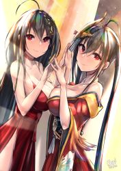 Rule 34 | 1girl, ahoge, azur lane, bare shoulders, black hair, breasts, choker, cleavage, different reflection, dress, hair between eyes, hair ornament, highres, japanese clothes, large breasts, long hair, looking at viewer, mappaninatta, mirror, red dress, red eyes, reflection, side slit, smile, solo, standing, taihou (azur lane), taihou (forbidden feast) (azur lane), twintails