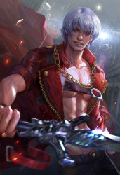Rule 34 | 1boy, abs, backlighting, belt bra, blue eyes, blurry, commentary, dante (devil may cry), depth of field, devil may cry, devil may cry (series), devil may cry 3, english commentary, fan yang (jiuge), grin, highres, holding, holding sword, holding weapon, jacket, leather, leather jacket, long coat, male focus, open clothes, open jacket, pants, pectorals, rain, rebellion (sword), red jacket, short hair, silver hair, smile, solo, sword, topless male, weapon, wet