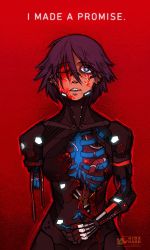 Rule 34 | 1girl, android, black hair, blood, blood on chest, blood on face, blue eyes, broken, broken wires, crack, cyberpunk, damaged, elster (signalis), english text, hair between eyes, highres, kidakash, mechanical parts, metal skin, one eye closed, parted lips, red background, ribs, science fiction, self-upload, signalis