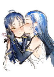 Rule 34 | 10s, 2girls, bare shoulders, blue gloves, blue hair, blush, branch (blackrabbits), kissing cheek, elbow gloves, closed eyes, gloves, kantai collection, kiss, long hair, multiple girls, necktie, one eye closed, personification, sailor collar, samidare (kancolle), sketch, suzukaze (kancolle), twintails, wink, yellow eyes, yuri