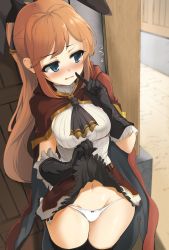Rule 34 | 1girl, alley, black gloves, blue eyes, blush, cape, clarisse (granblue fantasy), clothes lift, finger to mouth, gloves, granblue fantasy, highres, lifted by self, long hair, looking to the side, momio, orange hair, panties, ponytail, shushing, skirt, skirt lift, underwear, white panties