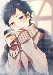 Rule 34 | 1boy, absurdres, black hair, blush, brown sweater, cable knit, coffee cup, cup, disposable cup, ensemble stars!, fushimi yuzuru, highres, looking at viewer, male focus, mole, mole under eye, open mouth, plaid robe, purple eyes, short bangs, short hair, smile, solo, sweater, turtleneck, usahana101
