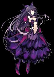 Rule 34 | 10s, 1girl, black gloves, black hair, black thighhighs, breasts, brown eyes, date a live, dress, elbow gloves, full body, garter straps, gloves, hair ornament, long hair, looking at viewer, medium breasts, navel, purple dress, see-through, solo, thighhighs, transparent background, tsunako, yatogami tooka, yatogami tooka (true form)