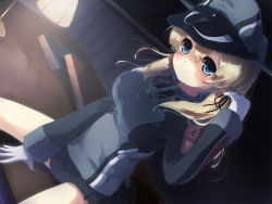 Rule 34 | 10s, 1girl, anchor hair ornament, blonde hair, blue eyes, book, desk, desk lamp, dutch angle, gengetsu chihiro, gloves, hair ornament, hat, highres, kantai collection, lamp, long hair, looking at viewer, peaked cap, prinz eugen (kancolle), sitting, smile, solo, twintails, white gloves