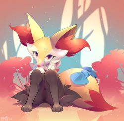Rule 34 | 1girl, animal ear fluff, animal ears, animal feet, animal hands, animal nose, artist name, b-epon, black fur, blue bow, body fur, bow, bracelet, braixen, bush, claws, closed mouth, creatures (company), dated, day, feet, female focus, fox ears, fox girl, fox tail, full body, furry, furry female, game freak, gen 6 pokemon, grass, hands on own knees, hands up, happy, highres, jewelry, knees together feet apart, knees up, looking at viewer, multicolored fur, neck fur, nintendo, outdoors, pokemon, pokemon (creature), red eyes, signature, sitting, smile, snout, solo, tail, tail bow, tail ornament, white fur, yellow fur