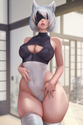 Rule 34 | 1girl, animal ear fluff, bare shoulders, black blindfold, blindfold, breasts, cleavage, cleavage cutout, clothing cutout, covered erect nipples, covered navel, halter leotard, halterneck, highleg, highleg leotard, highres, large breasts, leotard, mole, nier:automata, nier (series), prywinko, short hair, skindentation, sleeveless turtleneck leotard, solo, thick lips, thick thighs, thighhighs, thighs, two-tone leotard, white hair, 2b (nier:automata)