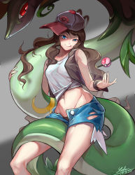 Rule 34 | 1girl, absurdres, animal, bad id, bad pixiv id, black panties, blue eyes, breasts, brown hair, creatures (company), dated, eyebrows, game freak, gen 5 pokemon, grey background, hair down, hat, highres, hilda (pokemon), long hair, nintendo, panties, poke ball, pokemon, pokemon (creature), pokemon bw, red eyes, serperior, shaded face, shirt, short shorts, shorts, simple background, smile, stomach, tongue, tongue out, underwear, vest, wavy hair, yedan999