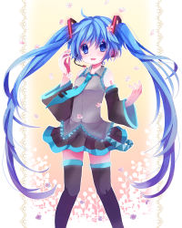Rule 34 | 1girl, bad id, bad pixiv id, blue eyes, blue hair, detached sleeves, efu, female focus, gradient background, hatsune miku, headset, long hair, matching hair/eyes, necktie, petals, plant, skirt, solo, thighhighs, twintails, very long hair, vocaloid