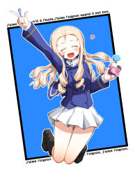 Rule 34 | 1girl, :d, aono3, arm up, bc freedom military uniform, black border, black footwear, blonde hair, blue background, blue jacket, blue vest, boots, border, closed eyes, collaboration, colorized, commentary, cup, dress shirt, drill hair, facing viewer, food, french text, girls und panzer, heart, high collar, highres, holding, holding cup, holding spoon, ice cream, index finger raised, jacket, jumping, legs up, long hair, long sleeves, marie (girls und panzer), military uniform, miniskirt, open mouth, outline, outside border, pleated skirt, shirt, skirt, smile, solo, spoon, translated, uniform, vest, white outline, white shirt, white skirt