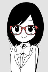 Rule 34 | 1girl, alternate hair length, alternate hairstyle, arms behind back, bespectacled, blazer, blush, bow, bowtie, closed mouth, collared shirt, commentary request, dot nose, glasses, grey background, happy, highres, hitori bocchi, hitoribocchi no marumaru seikatsu, jacket, katsuwo (cr66g), looking at viewer, pink-framed eyewear, school uniform, shirt, short hair, simple background, smile, solo, spot color, upper body