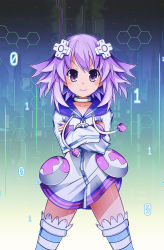 Rule 34 | 10s, 1girl, collarbone, crossed arms, d-pad, hair ornament, highres, looking at viewer, neptune (neptunia), neptune (series), purple eyes, purple hair, sapusakti, short hair, smile, solo, striped clothes, striped thighhighs, thighhighs