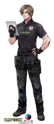 Rule 34 | 1boy, absurdres, belt, black gloves, black shirt, collaboration, commentary request, fingerless gloves, full body, gloves, hand on own hip, highres, holster, japanese flag, leon s. kennedy, light brown hair, logo, looking at viewer, male focus, muscular, official art, parted lips, resident evil, resident evil 4, resident evil 4 (remake), shirt, short hair, simple background, standing, thigh holster, white background