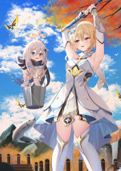 Rule 34 | 2girls, absurdres, armpits, bare shoulders, black gloves, blonde hair, blue eyes, blue sky, blush, boots, branch, breasts, bucket, bug, bush, butterfly, cloud, cloudy sky, crystal, crystal hair ornament, crystalfly (genshin impact), day, detached sleeves, dress, drooling, ekidona, fence, fishing rod, flower, flying, genshin impact, gloves, grey dress, grey hair, hair between eyes, hair ornament, halo, highres, holding, holding bucket, holding fishing rod, insect, long sleeves, looking at another, looking to the side, lumine (genshin impact), medium breasts, mountain, multiple girls, open mouth, outdoors, paimon (genshin impact), ribbon, short hair, short hair with long locks, sidelocks, sky, smile, standing, star (symbol), tongue, tree, vision (genshin impact), water drop, white dress, white flower, white footwear, white ribbon, wide sleeves, wings, yellow butterfly, yellow eyes