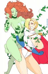 Rule 34 | 2020, 2girls, artist name, bare legs, barefoot, blonde hair, blue gloves, breasts, breasts out, cape, cleavage cutout, clenched teeth, closed eyes, clothing cutout, collarbone, dc comics, elbow gloves, feet out of frame, female focus, gloves, green hair, green lips, ivy, large breasts, leotard, lips, long hair, long sleeves, looking at another, multiple girls, navel, nipple slip, nipples, one eye closed, orange hair, parted lips, poison ivy, power girl, red cape, red eyes, short hair, simple background, sooperman, superhero costume, teeth, thighs, white background, white leotard