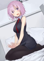 Rule 34 | 1girl, :d, bare shoulders, bed, bed sheet, between breasts, black dress, black pantyhose, blush, breasts, collared dress, commentary request, dress, dutch angle, eyes visible through hair, fate (series), hair over one eye, indoors, lap pillow invitation, mash kyrielight, medium breasts, monobe tsukuri, necktie, necktie between breasts, on bed, open mouth, pantyhose, patting lap, pillow, pink hair, print necktie, purple eyes, red necktie, seiza, short hair, sitting, sleeveless, sleeveless dress, slit pupils, smile, solo, sweat, tareme, v arms, wing collar