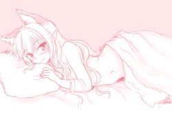 Rule 34 | 1girl, animal ears, bed, bed sheet, blush, cat ears, isaki (gomi), kaenbyou rin, long hair, looking at viewer, lying, monochrome, naked sheet, nude, pillow, pink theme, pointy ears, smile, solo, touhou