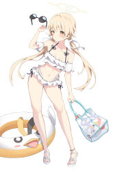Rule 34 | 1girl, absurdres, bag, bikini, blonde hair, blue archive, blush, breasts, closed mouth, collarbone, commentary request, frilled bikini, frills, full body, hair ribbon, halo, halterneck, hand up, hifumi (blue archive), hifumi (swimsuit) (blue archive), highres, holding, holding bag, holding removed eyewear, innertube, long hair, low twintails, off-shoulder bikini, off shoulder, official alternate costume, ribbon, sandals, shiriaru (jjonaeng), simple background, small breasts, solo, standing, sunglasses, swim ring, swimsuit, transparent bag, twintails, unworn eyewear, white background, white bikini, white footwear, white ribbon, yellow eyes, yellow halo