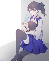 Rule 34 | 1girl, black thighhighs, blue hakama, brown eyes, brown hair, closed mouth, food, hair between eyes, hakama, hakama short skirt, hakama skirt, holding, japanese clothes, kaga (kancolle), kantai collection, kasumi (skchkko), muneate, popsicle, side ponytail, simple background, sitting, skirt, solo, tasuki, thighhighs, two-tone background
