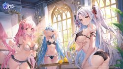 Rule 34 | 3girls, ahoge, armpits, ass, auro drm, azur lane, bare shoulders, bikini, bird, blue hair, blush, bow, breasts, brown eyes, character request, cleavage, collarbone, commentary request, copyright name, day, flag print, flower, frilled bikini, frills, german flag bikini, hair bow, hair ornament, hairband, hairclip, helena (azur lane), highres, indoors, light particles, logo, long hair, looking at viewer, manjuu (azur lane), medium breasts, mirror, multicolored hair, multiple girls, navel, official art, panties, parted lips, perseus (azur lane), pink hair, prinz eugen (azur lane), prinz eugen (unfading smile) (azur lane), red eyes, red hair, reflection, simple background, smile, stomach, sunlight, swimsuit, table, thighs, twintails, two-tone hair, underwear, white hair, window