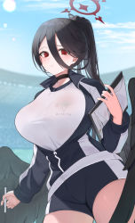 Rule 34 | 1girl, absurdres, black choker, black hair, black wings, blue archive, blush, breasts, choker, clipboard, cowboy shot, feathered wings, feathers, from below, gym shirt, gym uniform, hair between eyes, halo, hasumi (blue archive), hasumi (track) (blue archive), highres, huge breasts, large wings, long bangs, long hair, long sleeves, looking at viewer, low wings, mole, mole under eye, official alternate costume, outdoors, parted lips, partially unzipped, red eyes, ropu (ropu 10), shirt, short shorts, shorts, solo, sports festival, taut clothes, taut shirt, very long hair, white shirt, wings