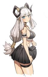 Rule 34 | 1girl, absurdres, armband, black choker, black skirt, blue eyes, blush, borrowed character, choker, closed mouth, earrings, frilled armband, frills, grey hair, highres, horns, jewelry, kiritzugu, lifting own clothes, long hair, looking at viewer, maid headdress, original, riritua (gogalking), simple background, skirt, solo, thigh strap, white background